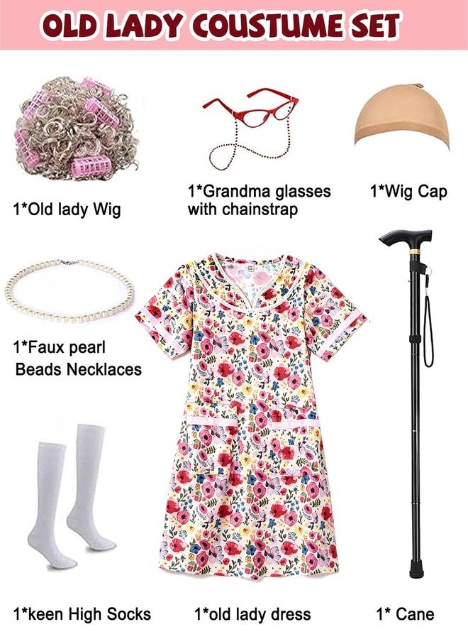 VersaCharm Kids 100 Days of School Costume for Girls, Old Lady Costume wig dress and Granny Grandma Set for Child - Image 4